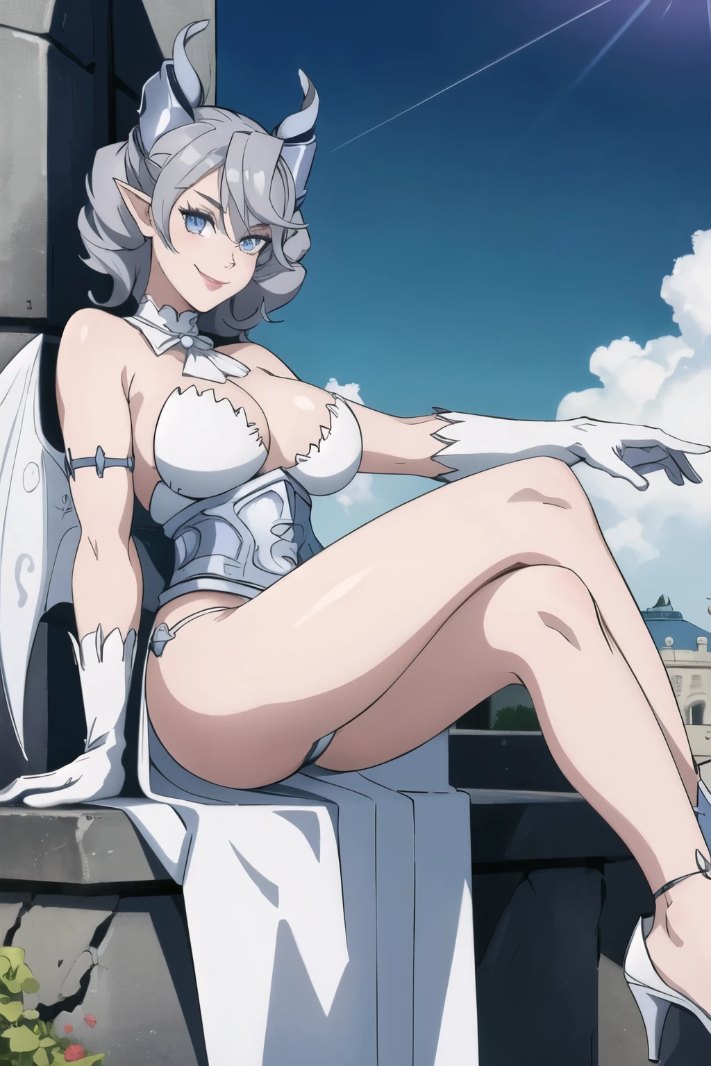 Sunlight Outside castle top High level image quality best image quality 8K adult woman silver castle outside more colors whole body view portrait bikini horn ears short hair((shortcut)(gray hair)(perm)(fluffy)) eye color is blue , , attractive evil face , smile , sexy pose , labrynth , barearm gloves , wearing slave leia outfits , wings , sitting on face statue ,holding her weapon , crossed legs, view heels , view foot arc