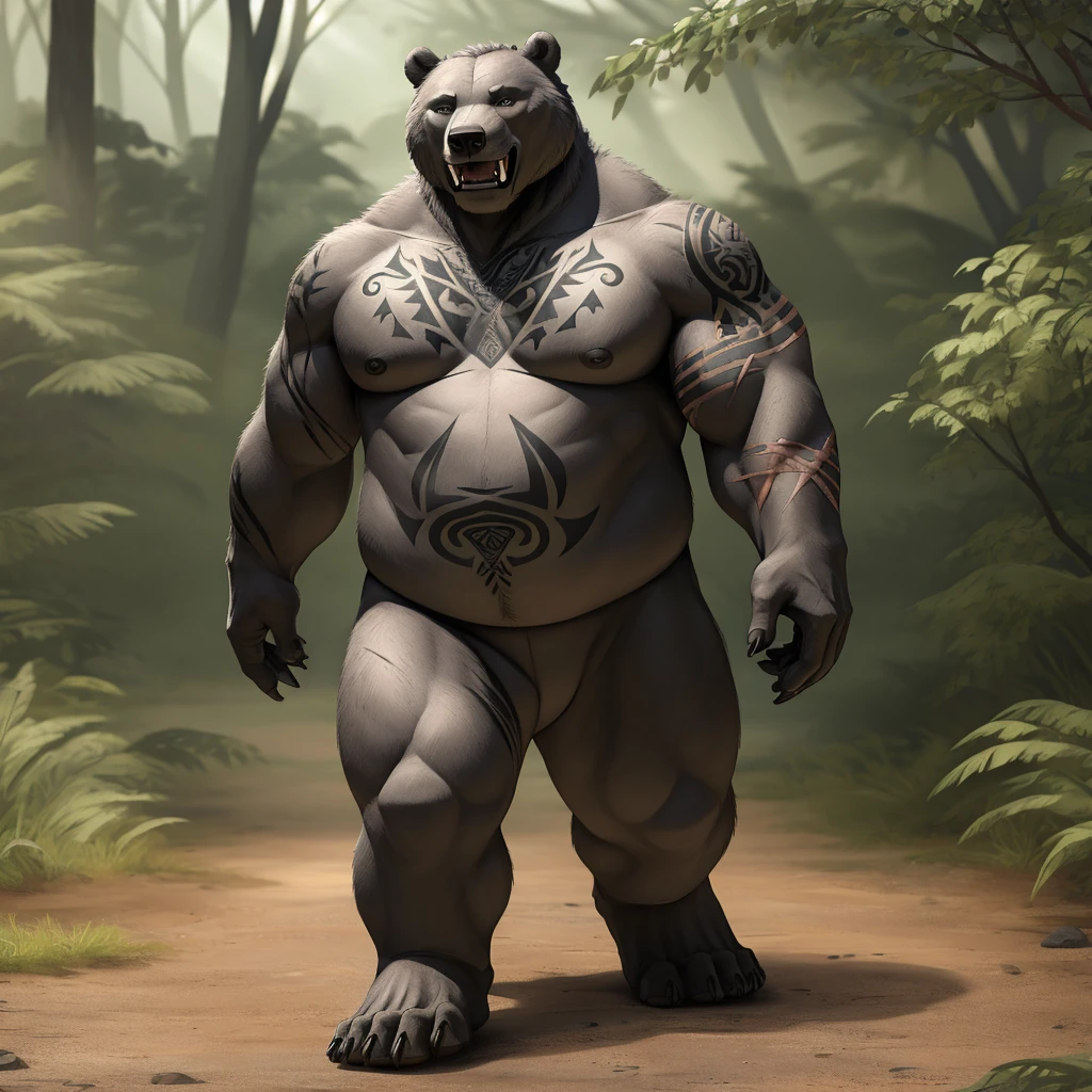 high definition, full body dark grey, solo, 1boy), nude, naked, (slit), grey bear, grey fur, short-legged bodyvirile, long hairy all over the body, realistic hand, realistic feet, huge scars all over body, black tattoo, shoulder tattoo, chest tattoo, black tattoo heavy, realistic eyes, very long fangs