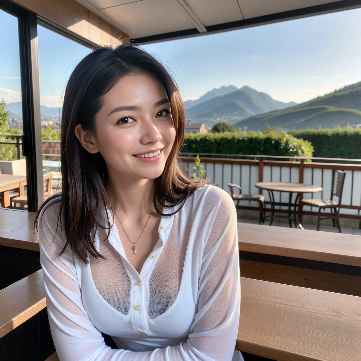 ((Highest quality、8K、masterpiece:1.3))、1 male、1 female、Couple、spouse、Couple、The body is slim、((Bob Hale、Straight hair:1.2)), (Realistic, Intricate details:1.2), テーブルの上のwine glass、Put the light on your face、 Amazing view of the sunset sky and clouds、Amazing mountain views、A bright smile、The wonderfulness of smile、Bright image、The beauty of wine, Beautiful Face, blue eyes, The light shines on your face, Blushing, short hair,Bright Face、 (Age 37), 39 years old, red wine 、Appetizers、Italian food、Wine bottle、Champagne、sparkling wine、Two beauties、Brown Hair、Shortcuts、Long sleeve shirt、dress、Beautiful woman 1, (slimな顔), (The body is slim), (Brown Hair), (Shortcuts), cheeks turn a little red,Attractive beauty、restaurant, In a prominent place (From the waist up) Nova Frog Style, actress, model, Upper Body, White wine, slim, wine glass, 中央に置かれたwine glass, smile, (smile: 1.15), Beautiful fine grain, Depth f/2,saturation, High Contrast, Strong light and shadow,Moist Body:1.5、3D texture、Delicate eyes、Brown Hair、The hair is very shiny、