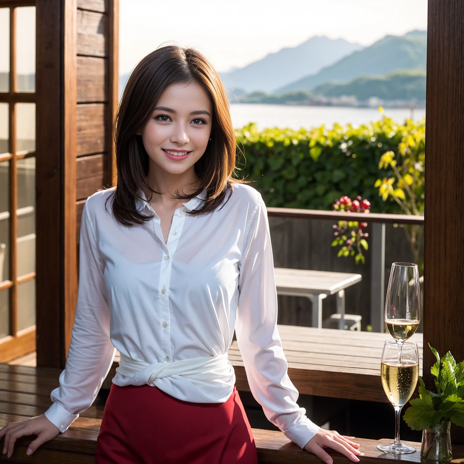((Highest quality、8K、masterpiece:1.3))、1 male、1 female、Couple、spouse、Couple、The body is slim、((Bob Hale、Straight hair:1.2)), (Realistic, Intricate details:1.2), テーブルの上のwine glass、Put the light on your face、 Amazing view of the sunset sky and clouds、Amazing mountain views、A bright smile、The wonderfulness of smile、Bright image、The beauty of wine, Beautiful Face, blue eyes, The light shines on your face, Blushing, short hair,Bright Face、 (Age 37), 39 years old, red wine 、Appetizers、Italian food、Wine bottle、Champagne、sparkling wine、Two beauties、Brown Hair、Shortcuts、Long sleeve shirt、dress、Beautiful woman 1, (slimな顔), (The body is slim), (Brown Hair), (Shortcuts), cheeks turn a little red,Attractive beauty、restaurant, In a prominent place (From the waist up) Nova Frog Style, actress, model, Upper Body, White wine, slim, wine glass, 中央に置かれたwine glass, smile, (smile: 1.15), Beautiful fine grain, Depth f/2,saturation, High Contrast, Strong light and shadow,Moist Body:1.5、3D texture、Delicate eyes、Brown Hair、The hair is very shiny、