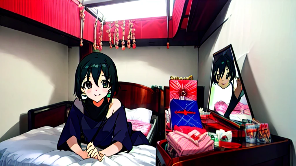 beautiful girl、Black knit、On the bed、Eye highlightasterpiece、high resolution、smile、Black Hair