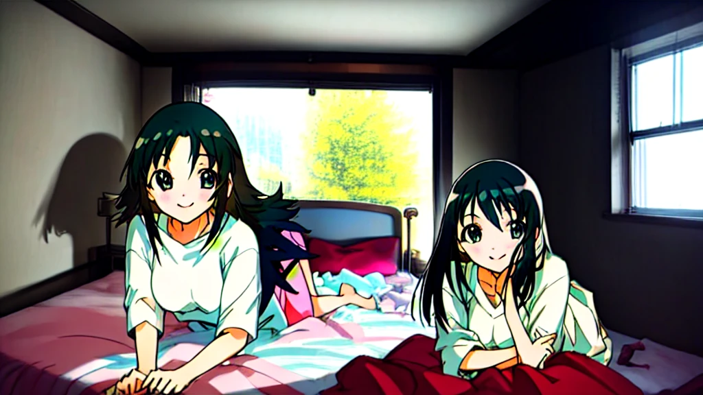 beautiful girl、Black knit、On the bed、Eye highlightasterpiece、high resolution、smile、Black Hair