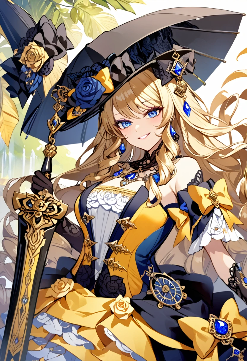 Navia,A big sword next to it,With a black umbrella,A bright smile