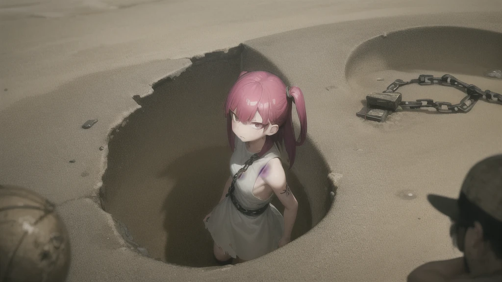 masterpiece, Highest quality, One girl, Morgiana Slave, Cowboy Shot, Torn Dress, dirty, Red eyes, One side up, Redhead, chain, sand漠の遺跡, sand漠の背景, sand, Disgust, View your viewers, View from below  