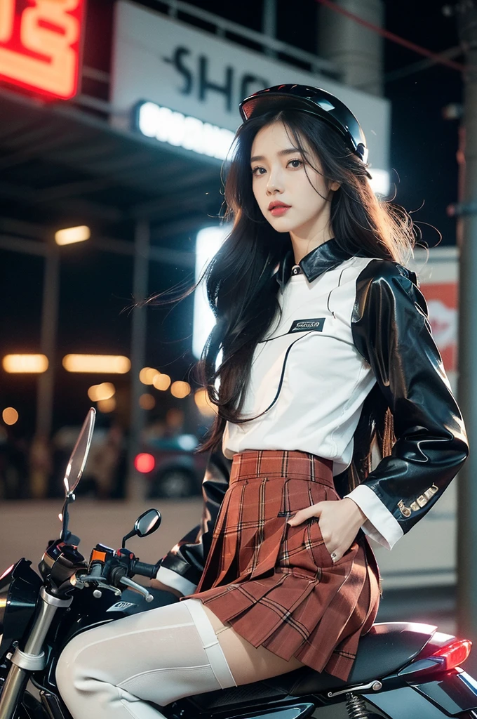 (((best quality))),(((ultra detailed))),(((masterpiece))),illustration,(1 beautiful girl,solo),((slim,thin)),((small breasts,flat chest)),(safety helmet:1.3),shoulder length straight hair,slender legs,cyberpunk, urban street,high school student, JK outfit,(riding on a motorcycle:1.3), sleek, (white collared short-sleeved shirt:1.3), (red checkered pleated skirt:1.3),(pantyhose:1.3), stylish boots, confidence, determination, dark streets, wind, hair blowing, neon lights, skyscrapers, urban noises, traffic, sirens, city sounds, futuristic, dystopian society, technology, fashion, explosive cocktail, style, , modernity, attitude, spirit, anything is possible,from front