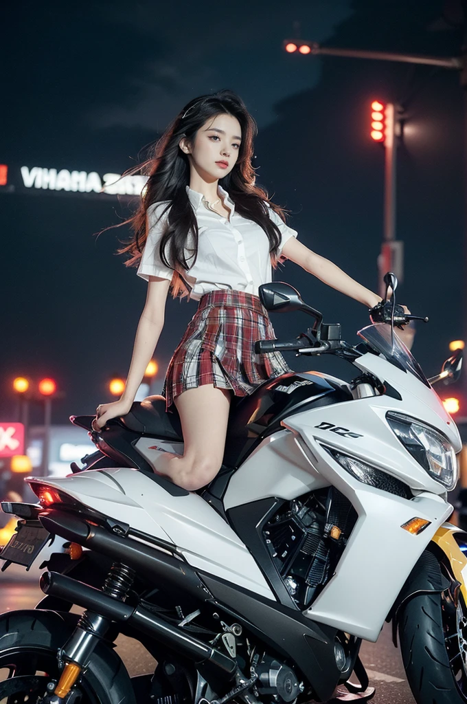 (((best quality))),(((ultra detailed))),(((masterpiece))),illustration,(1 beautiful girl,solo),((slim,thin)),((small breasts,flat chest)),(safety helmet:1.3),shoulder length straight hair,slender legs,cyberpunk, urban street,high school student, JK outfit,(riding on a motorcycle:1.3), sleek, (white collared short-sleeved shirt:1.3), (red checkered pleated skirt:1.3),(pantyhose:1.3), stylish boots, confidence, determination, dark streets, wind, hair blowing, neon lights, skyscrapers, urban noises, traffic, sirens, city sounds, futuristic, dystopian society, technology, fashion, explosive cocktail, style, , modernity, attitude, spirit, anything is possible,from front