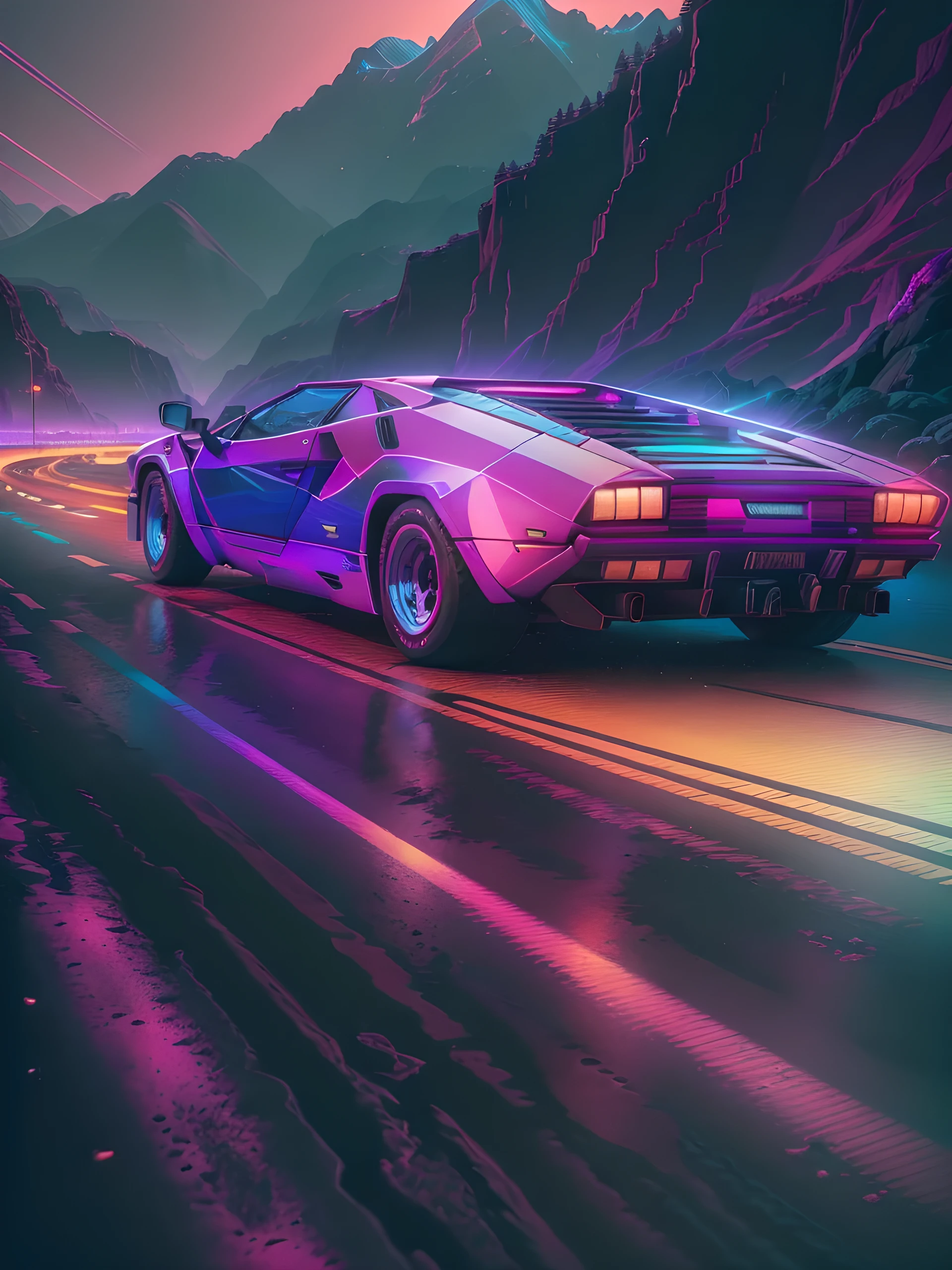 a retrowave 1982 lamborghini countach 500 s model on a road, purple neon lights, sun, mountains, (best quality,4k,8k,highres,masterpiece:1.2),ultra-detailed,(realistic,photorealistic,photo-realistic:1.37),hdr,studio lighting,ultra-fine painting,sharp focus,physically-based rendering,extreme detail description,professional,vivid colors,bokeh,landscapes,concept art