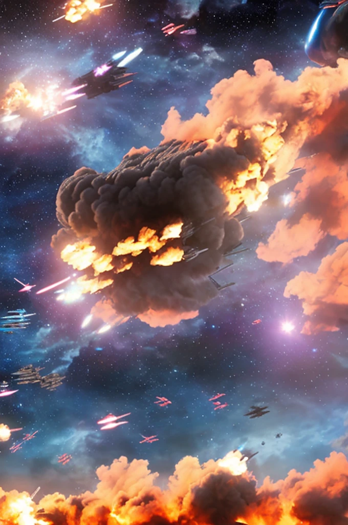 ((a space battle in a nebula between starships with a giant metal moon looming in the background)), masterpiece, best, photo realistic space battle, explosions, ship wreckage, epic space battle