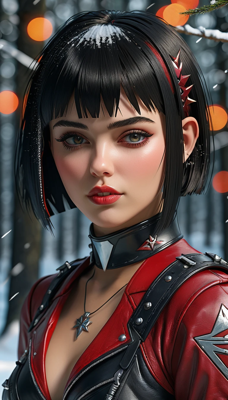 whole body, plano general:1.5, ((intricate escenario)),((snowy forest background)), (Bright Winter Decorations),high resolution,sharp focus,(ultra detailed,extremely detailed),(photorealistic artwork:1.37),(extremely detailed CG unity 8k wallpaper),(((vibrant colors,vibrant theme))),(intricate),(Masterpiece),(Best Quality),Artistic photography,(Photograph taken by SLDR),(fondo intricate),perfect rendered face,perfect face details,realistic face,realistic photo,((detalle intricate)),(((realism))),, (((Women))), (((Best Quality))), (((Masterpiece))), (((1 girl))), ((( Bob Haircut ))), Uma gladiadora cyberpunk Women de 25 anos com corpo perfeito, Shoulder pads with metal spikes., Brooklyn Gladiators, (( Bob Haircut )), tiny leather panties, torn rugby time t-shirt, almost naked with Simon Bisley's wild urban style for the cover of Heavy Metal magazine, Short blonde hair, Minimal clothing, Protección metálica en el brazo izquierdo con gráficos intricates.., dark orange with white stars and white checkerboard pattern, navy blue and copper, armor, full of spikes and rivets, (((from the knee up))), short white blonde hair, no fundo uma parede pintada por Shepard Fairey com um design intricate, 32k