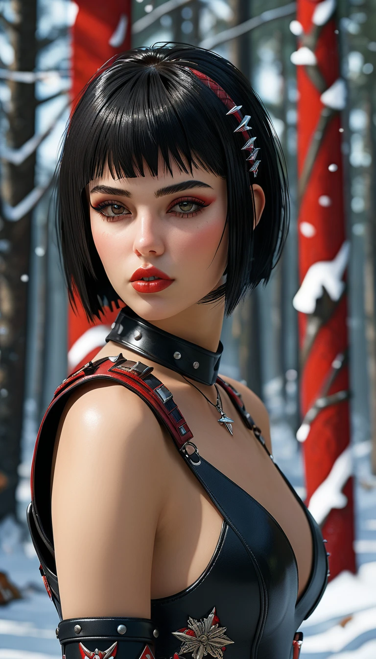 whole body, plano general:1.5, ((intricate escenario)),((snowy forest background)), (Bright Winter Decorations),high resolution,sharp focus,(ultra detailed,extremely detailed),(photorealistic artwork:1.37),(extremely detailed CG unity 8k wallpaper),(((vibrant colors,vibrant theme))),(intricate),(Masterpiece),(Best Quality),Artistic photography,(Photograph taken by SLDR),(fondo intricate),perfect rendered face,perfect face details,realistic face,realistic photo,((detalle intricate)),(((realism))),, (((Women))), (((Best Quality))), (((Masterpiece))), (((1 girl))), ((( Bob Haircut ))), Uma gladiadora cyberpunk Women de 25 anos com corpo perfeito, Shoulder pads with metal spikes., Brooklyn Gladiators, (( Bob Haircut )), tiny leather panties, torn rugby time t-shirt, almost naked with Simon Bisley's wild urban style for the cover of Heavy Metal magazine, Short blonde hair, Minimal clothing, Protección metálica en el brazo izquierdo con gráficos intricates.., dark orange with white stars and white checkerboard pattern, navy blue and copper, armor, full of spikes and rivets, (((from the knee up))), short white blonde hair, no fundo uma parede pintada por Shepard Fairey com um design intricate, 32k