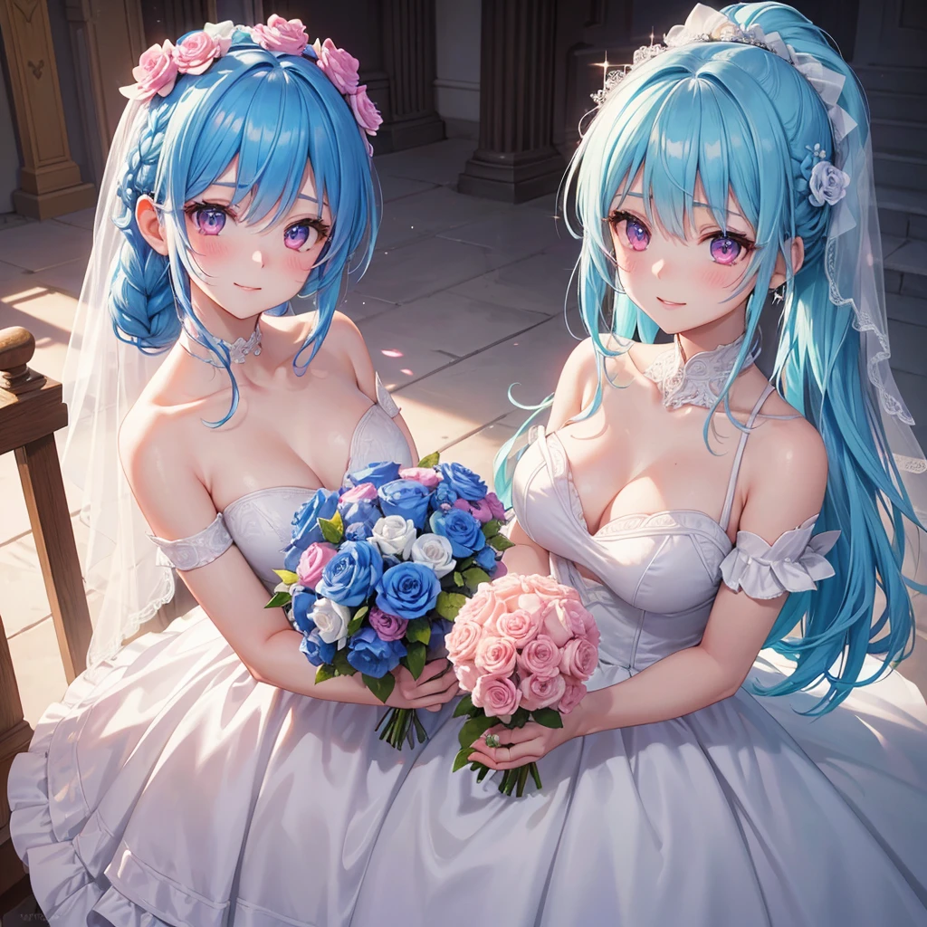 Sky blue hair, (Braided Ponytail),(Pink Eyes),Fair skin ,(whole body),(One girl),bride,A happy smile,Straight bangs, 6月のbride,Wedding dress,(masterpiece, Highest quality, Very detailed, Best Shadow), (Detailed Background), (Beautifully detailed face), High Contrast, (Best lighting, Very delicate and beautiful), ((Cinematic Light)), colorful, Hyper Detail, Dramatic Light, Intricate details,Chapel,Bouquet of roses