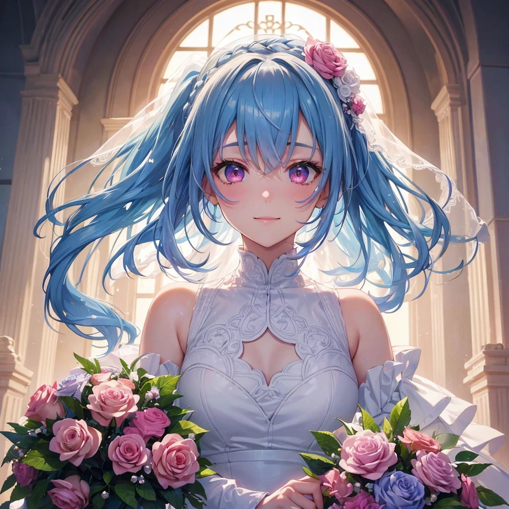 Sky blue hair, (Braided Ponytail),(Pink Eyes),Fair skin ,(whole body),(One girl),bride,A happy smile,Straight bangs, 6月のbride,Wedding dress,(masterpiece, Highest quality, Very detailed, Best Shadow), (Detailed Background), (Beautifully detailed face), High Contrast, (Best lighting, Very delicate and beautiful), ((Cinematic Light)), colorful, Hyper Detail, Dramatic Light, Intricate details,Chapel,Bouquet of roses