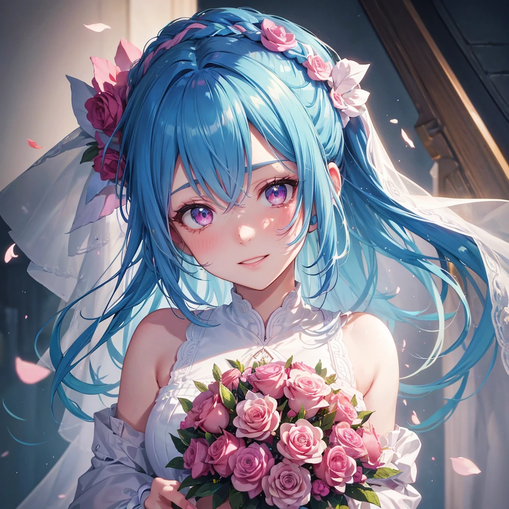 Sky blue hair, (Braided Ponytail),(Pink Eyes),Fair skin ,(whole body),(One girl),bride,A happy smile,Straight bangs, 6月のbride,Wedding dress,(masterpiece, Highest quality, Very detailed, Best Shadow), (Detailed Background), (Beautifully detailed face), High Contrast, (Best lighting, Very delicate and beautiful), ((Cinematic Light)), colorful, Hyper Detail, Dramatic Light, Intricate details,Chapel,Bouquet of roses