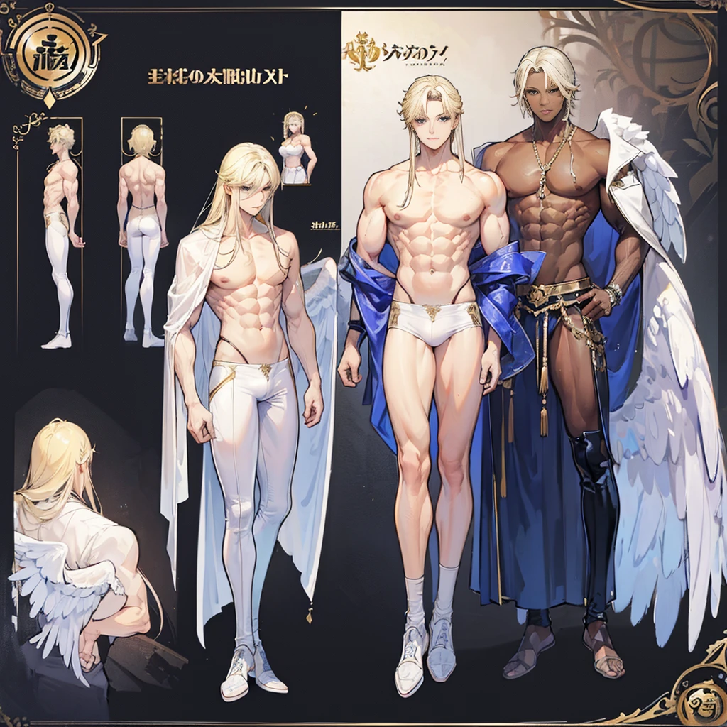 (Masterpiece, best quality), detailed, 1 man, ((character concept art)), ((character design sheet, same character, front, side, back)), full body, body complete, 1 Male angel, 1 Man angel, Detailed face, character design sheet，full bodyesbian, Highly detailed, character sheet, character design, Many parts, dark skin, angel wings, long blonde hair, angel outfit, muscle male god, male clothes, masculine, muscle man, male muscle, manly, male angel, Muscle male with long blonde hair，beautiful man, beautiful muscle man, abs, pectoral muscle