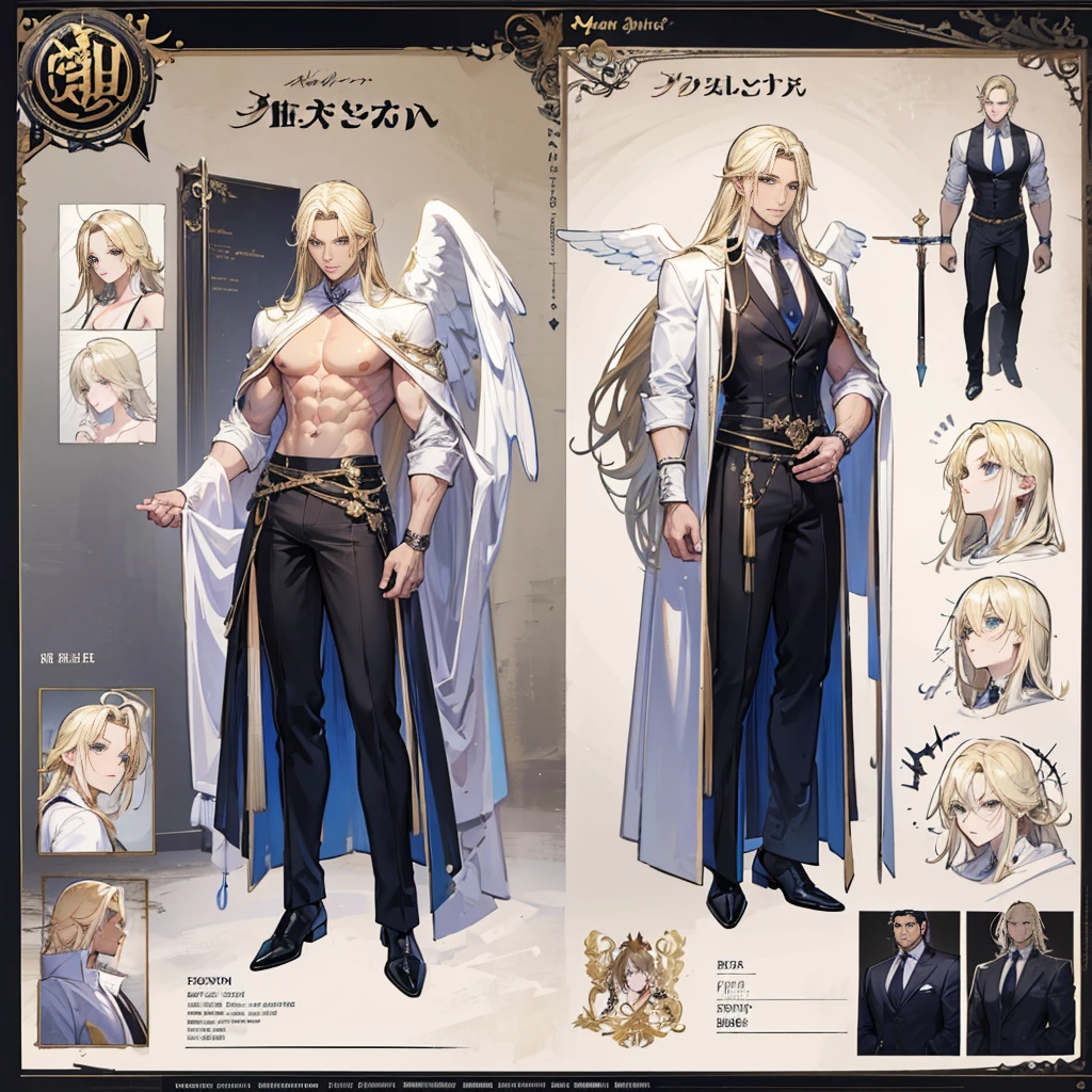 (Masterpiece, best quality), detailed, 1 man, ((character concept art)), ((character design sheet, same character, front, side, back)), full body, body complete, 1 Male angel, 1 Man angel, Detailed face, character design sheet,full bodyesbian, Highly detailed, character sheet, character design, Many parts, dark skin, angel wings, long blonde hair, angel outfit, muscle male god, male clothes, masculine, muscle man, male muscle, manly, male angel, Muscle male with long blonde hair,beautiful man, beautiful muscle man, abs, pectoral muscle