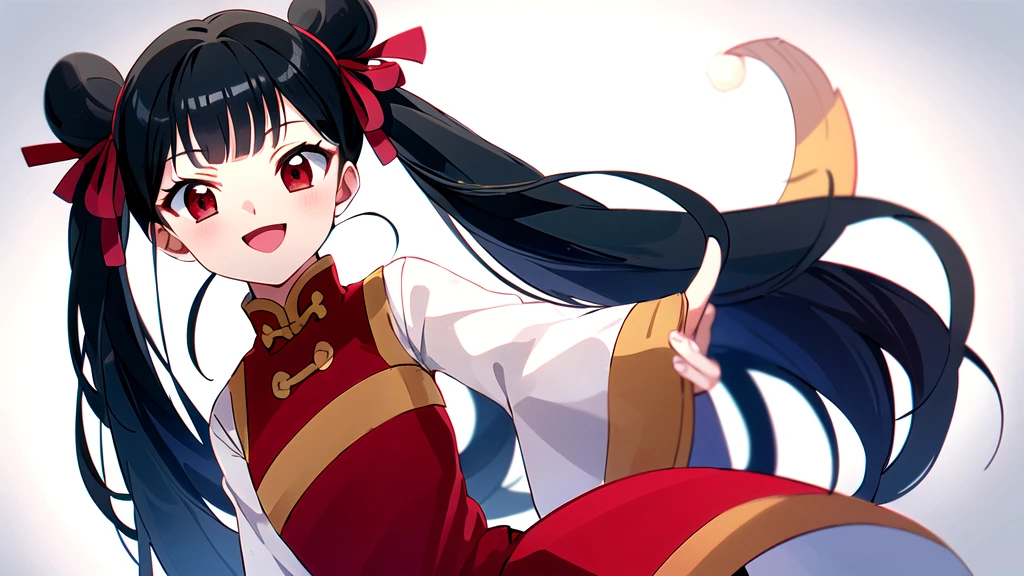 masterpiece, Highest quality, Meyrin_SCC, One girl, alone, Long Hair, Black Hair, View your viewers, smile, Open your mouth, bangs, Red eyes, Twin tails, Hair Ribbon, Double Bang, Red dress, White Dress,  Chinese clothing, Long sleeve, Wide sleeves, Jingle bell, Anime Coloring,