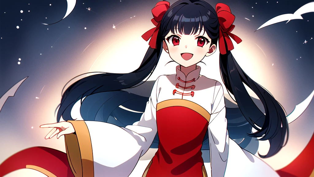 masterpiece, Highest quality, Meyrin_SCC, One girl, alone, Long Hair, Black Hair, View your viewers, smile, Open your mouth, bangs, Red eyes, Twin tails, Hair Ribbon, Double Bang, Red dress, White Dress,  Chinese clothing, Long sleeve, Wide sleeves, Jingle bell, Anime Coloring,