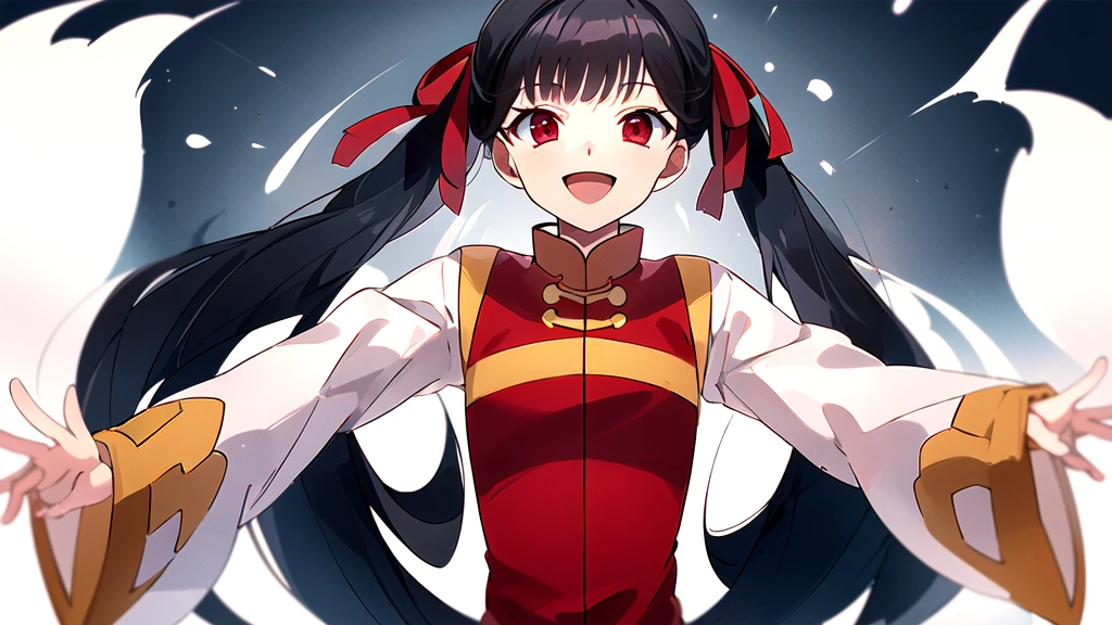 masterpiece, Highest quality, Meyrin_SCC, One girl, alone, Long Hair, Black Hair, View your viewers, smile, Open your mouth, bangs, Red eyes, Twin tails, Hair Ribbon, Double Bang, Red dress, White Dress, Chinese clothing, Long sleeve, Wide sleeves, Jingle bell, Anime Coloring,