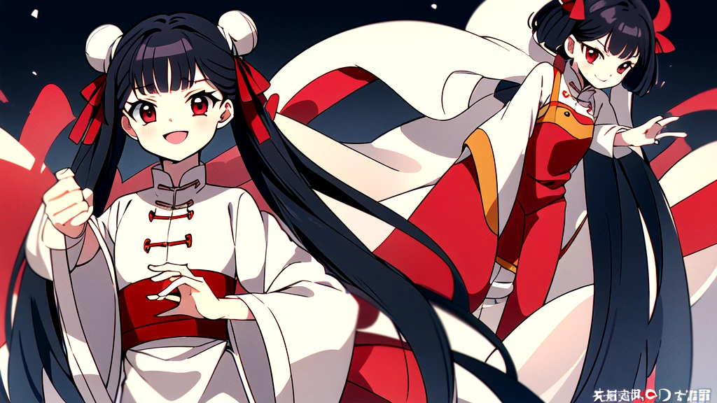masterpiece, Highest quality, Meyrin_SCC, One girl, alone, Long Hair, Black Hair, View your viewers, smile, Open your mouth, bangs, Red eyes, Twin tails, Hair Ribbon, Double Bang, Red dress, White Dress, Chinese clothing, Long sleeve, Wide sleeves, Jingle bell, Anime Coloring,