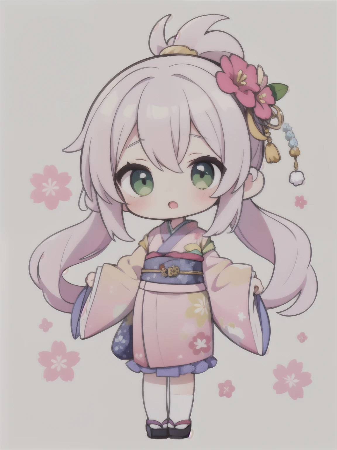 1girl,kimono,chibi,green background,
