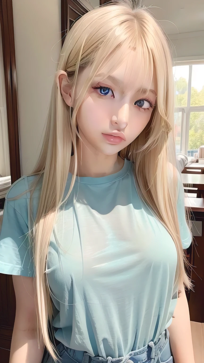 Super long straight silky blonde hair、Bangs hanging over the eyes、bangs on the face、A woman with beautiful, bright, large blue eyes is taking a photo, gorgeous young beautiful model, Portrait of Sophie Mudd, Beautiful female model, cute young beautiful girl, Portrait of a beautiful model, Beautiful Woman Photos, Perfect Face, 16 year old beautiful girl model, Beautiful young face, Blonde beautiful girl、Small Face Beauty、Round face、Ｔshirt、Ample Bust