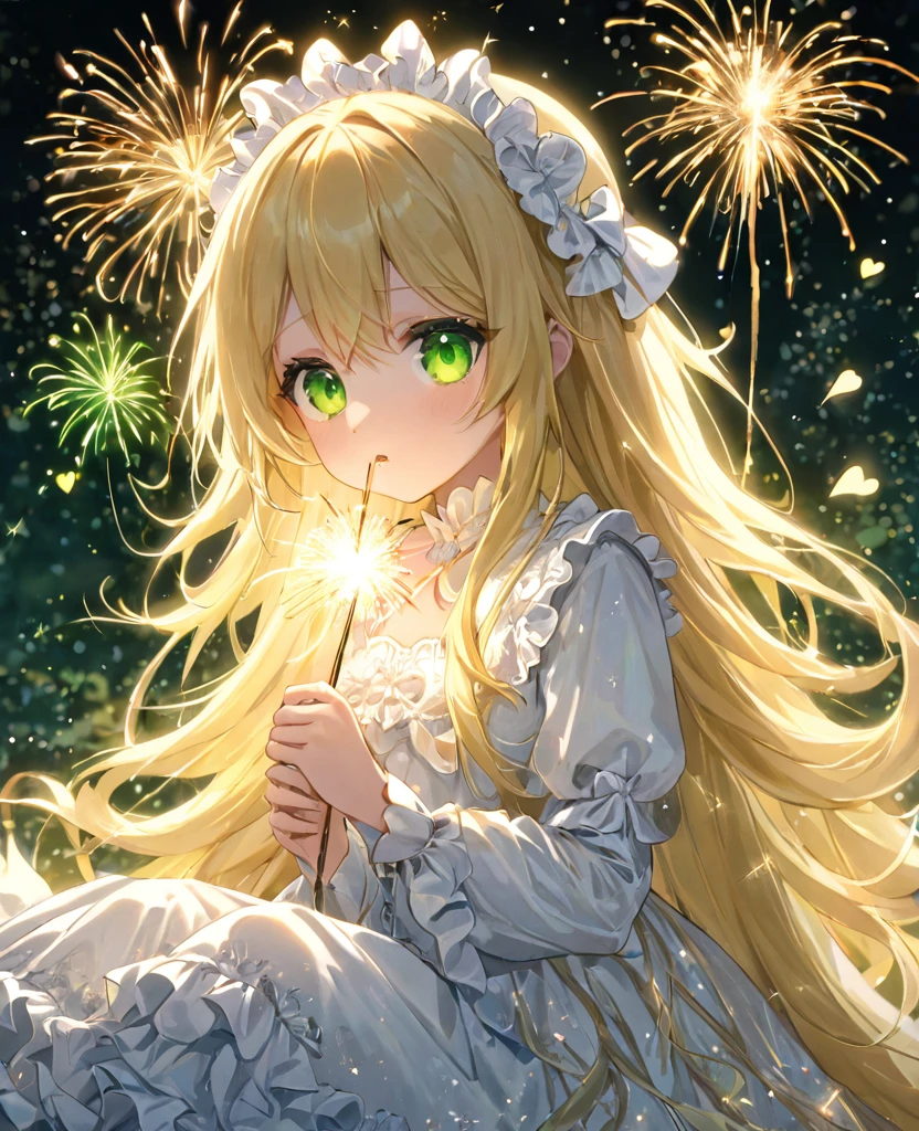 (masterpiece, best quality:1.2), (absurdres, highres, ultra-detailed), (perfect anatomy),
Cute Girls、Sitting、Holding it facing down、Sparkler、Blonde、Fluffy longhair、Yellow-green eyes、Background glitter、night、heart、White frilly dress
(8K, RAW photo:1.2),detailed face and eyes,intricate detail ,masterpiece ,sharp focus, high quality,BREAK,rating: general, newest