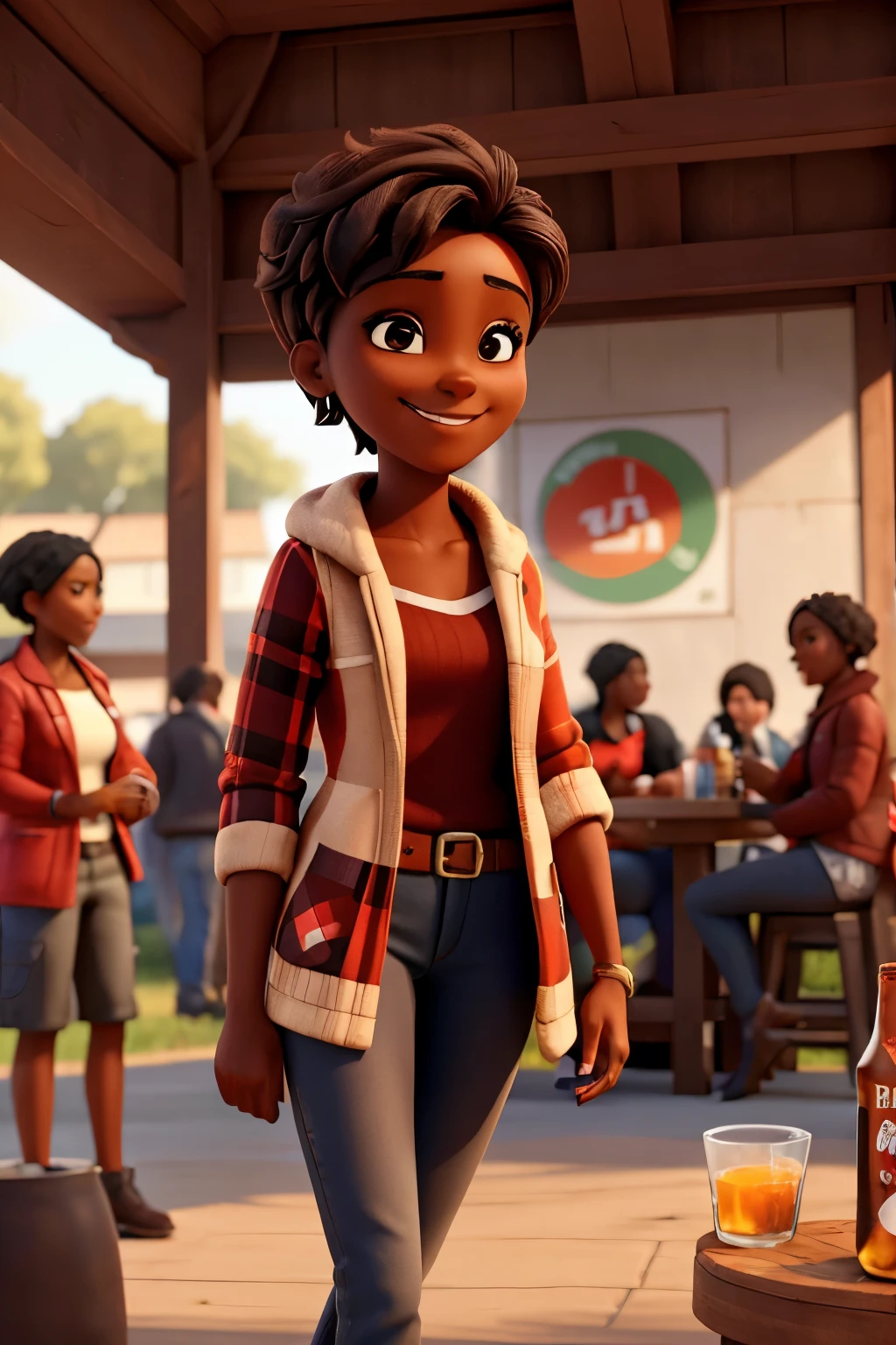 I see a woman with short hair and masculine appearance, with brown skin, wearing a red and black plaid coat. She is smiling and holding a Heineken beer at a sunny June party. Ao fundo, there are red flags and a bonfire. The scene looks happy and relaxed, with lesbian woman enjoying celebration.