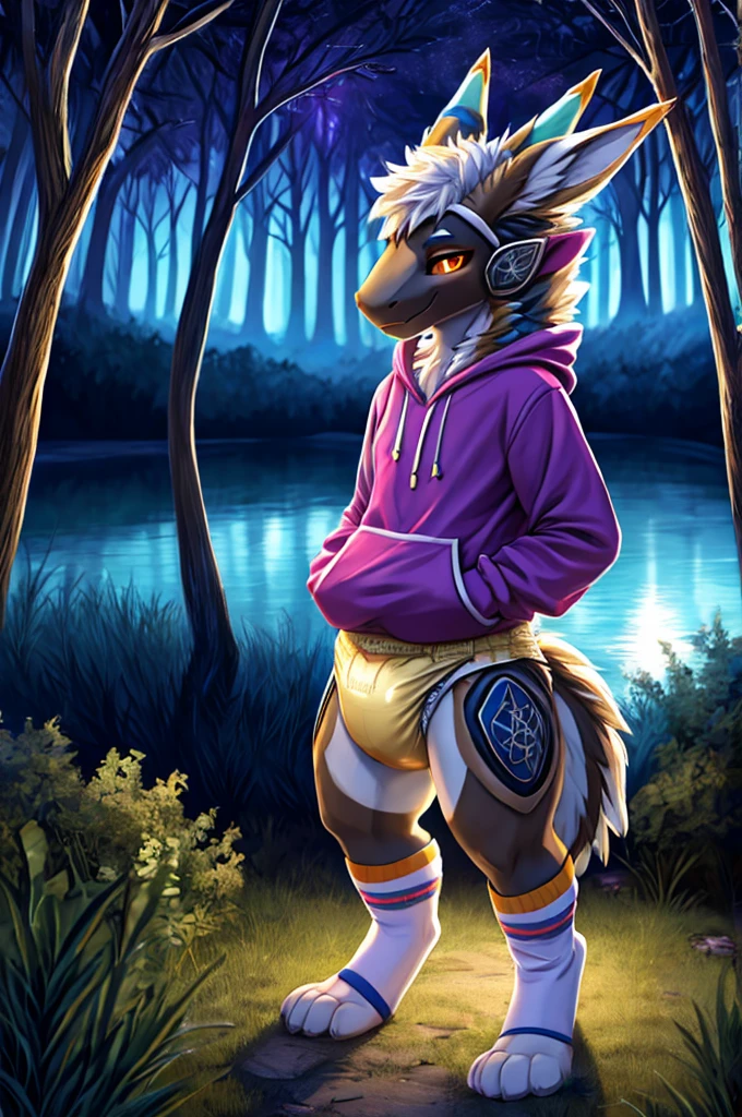 A Nardoragon femboy wearing a sweatshirt and diaper with urine and white socks standing in a dark magical forest near a lake at night 