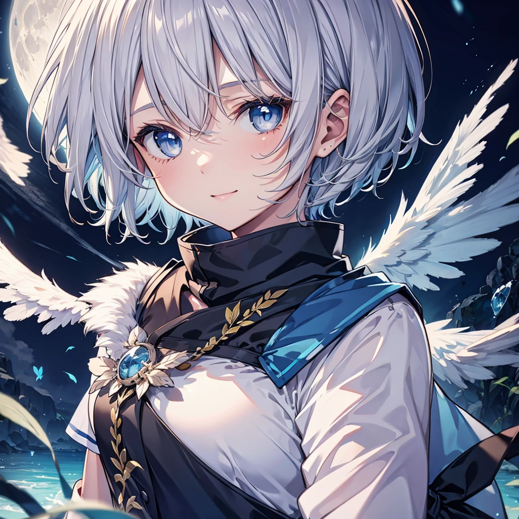 ((((Angel Inflammation)))) (((Gray Hair short hair blue eyes woman Center close-up))),((night full moon My own big wings)),(Angelの輪 White camisole Gold Light Wearing a cloak), smile Showing teeth Shining Background Shining Edges