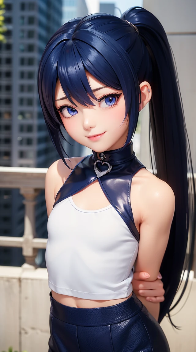 (masterpiece:1.3), (Best Quality:1.3), (Ultra-detailed:1.2), ((kawaii)), Cute, (lovely), ((sexy)), ((Extremely detailed)), 4K, (8K), Best Quality, (Beautiful), Illustration, anime style, (bold line:1.2), Gradation, looking at viewer, //, (bent down:1.1), (arms behind back), //, a cute girl, 1girl, (solo:1.2), gleaming skin, //, (flat chested), (Perfect eyes:1.2), (Perfect iris:1.2), //, darkblue hair color, (beautiful eyes) //, (half closed eyes:1.3), (sexual expression:1.2), Fascinated expression, smile, (blush:1.2), //, modern city background, on rock, twin tails, muscle girl, hard abs, exposed abs, NECKLACE, tight tank top, skirt