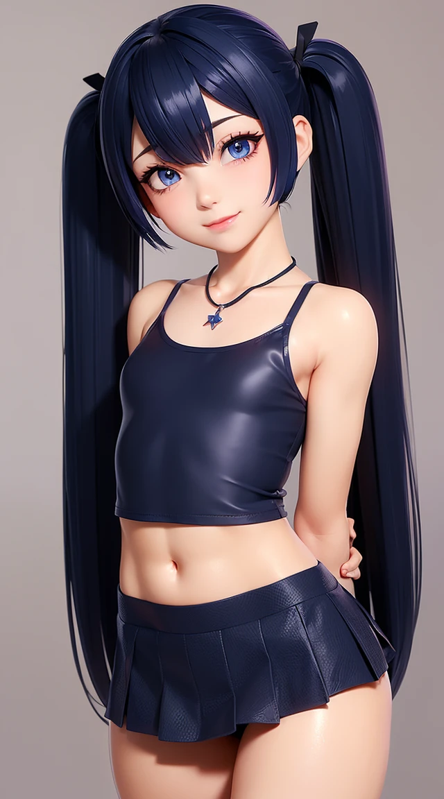 (masterpiece:1.3), (Best Quality:1.3), (Ultra-detailed:1.2), ((kawaii)), Cute, (lovely), ((sexy)), ((Extremely detailed)), 4K, (8K), Best Quality, (Beautiful), Illustration, anime style, (bold line:1.2), Gradation, looking at viewer, //, (bent down:1.1), (arms behind back), //, a cute girl, 1girl, (solo:1.2), gleaming skin, //, (flat chested), (Perfect eyes:1.2), (Perfect iris:1.2), //, darkblue hair color, (beautiful eyes) //, (half closed eyes:1.3), (sexual expression:1.2), Fascinated expression, smile, (blush:1.2), //, modern city background, on rock, twin tails, muscle girl, hard abs, exposed abs, NECKLACE, tight tank top, skirt