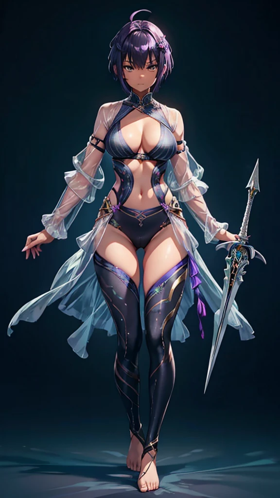 young woman with purple short hair, dark gray skin, flat chest,,Extremely slim body,tights,bare arm,challenge,Thin legs,leggings,barefoot,dagger,metallic line,Standing,valley cliff