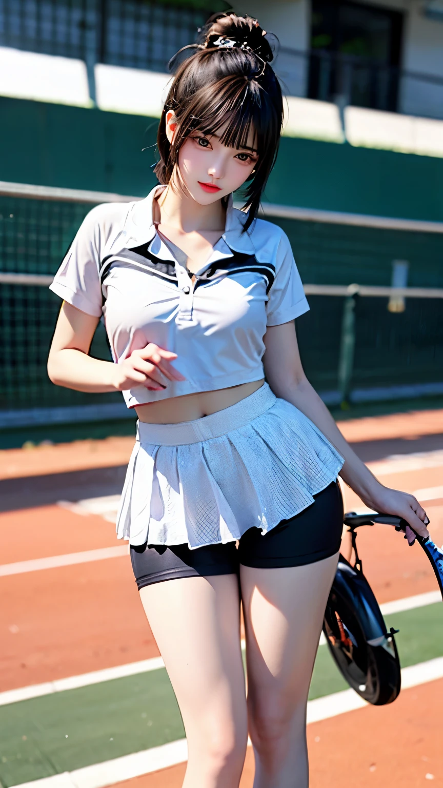 (Very delicate and beautiful:1.2)super model,,Big Breasts,Beautiful breasts,voluptuous,【bike shorts】,,【3girls】,,Highest quality, High resolution, 8K,Kick in a hurry,Tennis Wear.mini skirt
