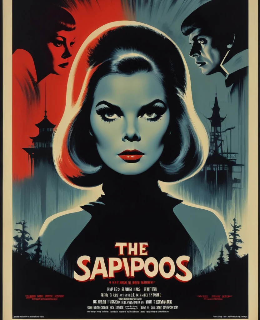 A 60s style horror movie poster could be described as follows:
**Film Title:**
- In large, impactful letters, maybe in a 60s style serif font, SOM "The Final Girl".
**background-image:**
- A dark background, quase negro, with mysterious shadows and a dense atmosphere of fog.
**Featured Character:**
- Not center, a young woman with a determined and scared look, typical of "final girl" of horror films. She is dressed in characteristic clothes from the 60s, SOM um vestido ou saia até o joelho e sapatos de salto.
**Elementos visuais:**
- Around you, shadows of threatening figures, suggesting imminent danger, with an obscure silhouette that stands out against the shadowy background.
**Graphic details:**
- The border of the poster is adorned with ornamental elements typical of the 60s, SOM padrões geométricos ou floreios estilizados, in shades of black, dark red and gray.
**Additional Text:**
- Below the title, in smaller letters, informações SOM "A thrill ride into darkness" ou "Discover the secrets that haunt her", in a font that refers to the credits of classic films of the time.
**Credits and Release Date:**
- In the footer, the names of the main actors and director, beyond the release date, all in a classic movie credits layout.
This poster captures the essence of 1960s horror and thriller films., with a mix of mystery, tension and visual style characteristic of the time.