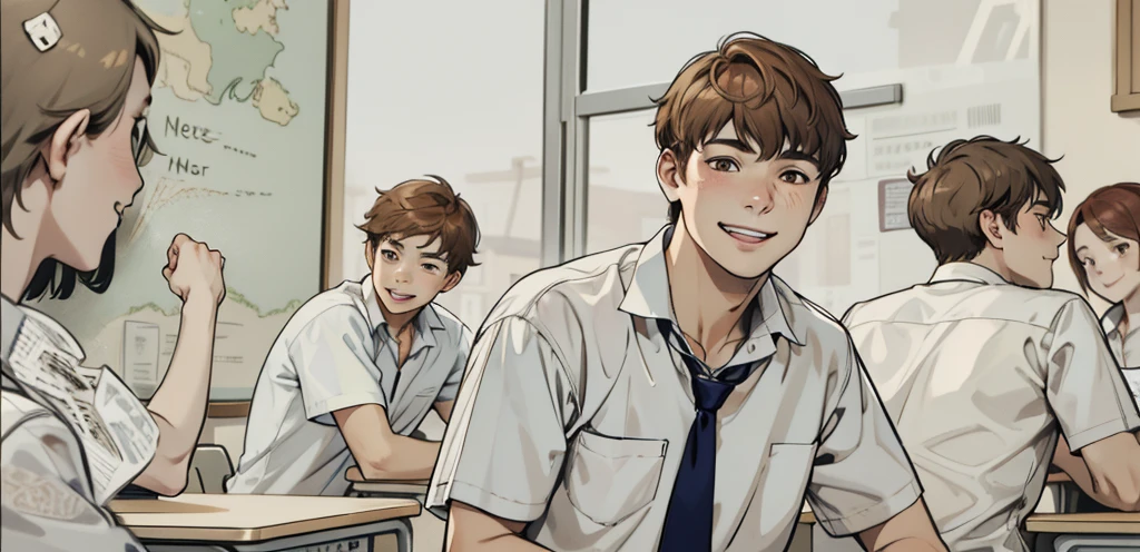 A smiling 17-year-old boy with brown hair, brown eyes, is sitting in the classroom.