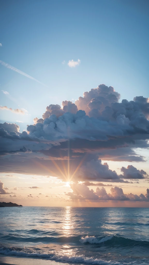 (Highest quality,masterpiece:1.3,Ultra-high resolution),(Super detailed,Caustics,8K), (Photorealistic:1.4, RAW shooting),The sea sparkling with reflected light,Sunset sky,White cloud,Tropical Island,Sunset,Natural light,Low position,Low - Angle