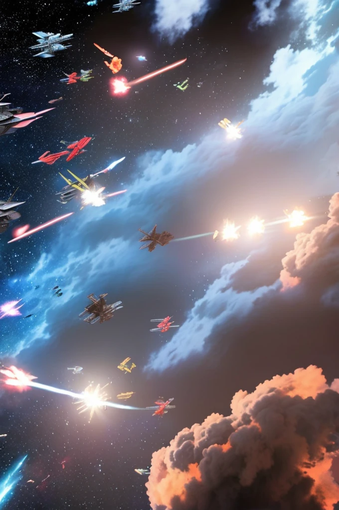 ((a space battle in a nebula between starships with a giant metal moon looming in the background)), masterpiece, best, photo realistic space battle, explosions, ship wreckage, epic space battle