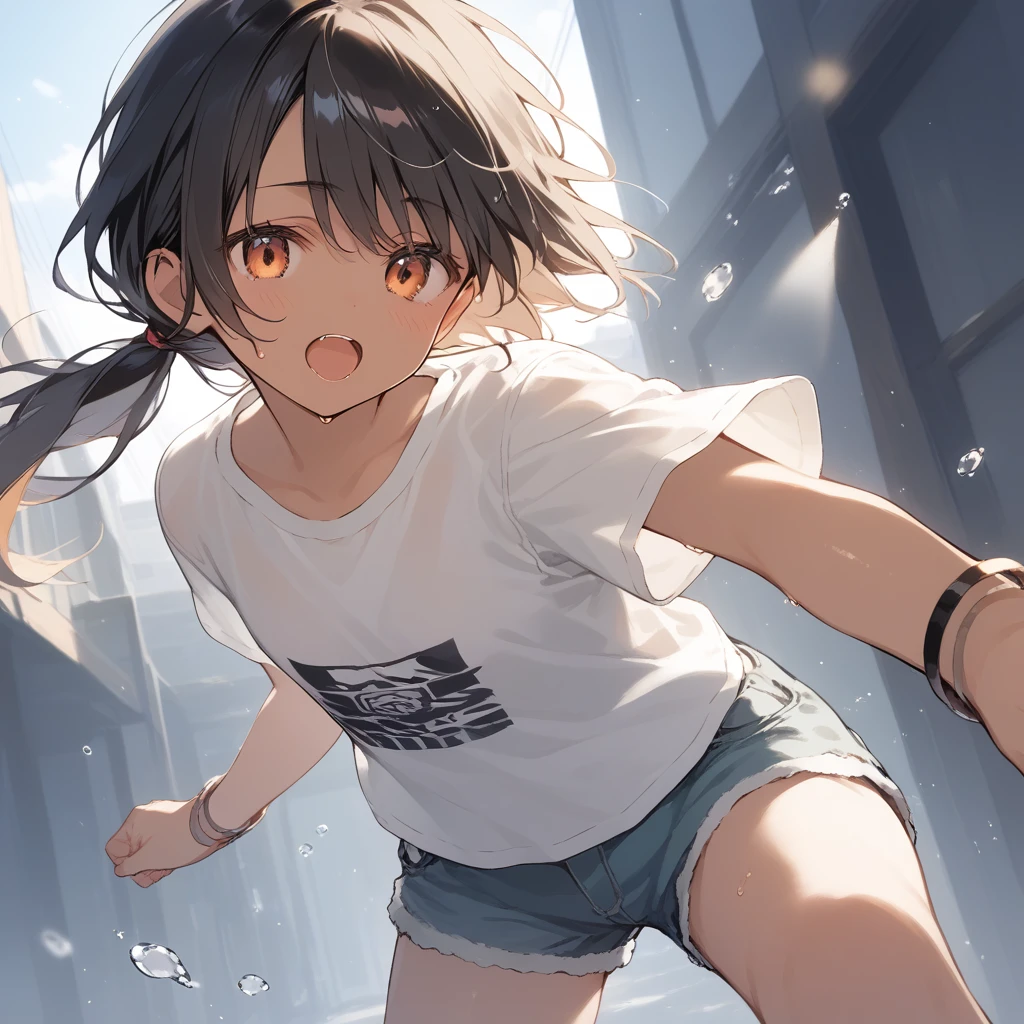score_9, score_8_up, score_7_up, source_anime, best quality, masterpiece, official art, absurdres, highres, ultra-detailed,waifu2x,Collection: Slice of Life,break,1girl, tomboy, dark-skinned female, short hair, low ponytail, flat chest, beautiful detailed eyes, short shorts, sweat, open mouth, (yawn:0.3), sleepily, outdoors, wind, break,(clear line illustration:1.2),very high resolution, very aesthetic, super detailed skin, Best sexual lighting powered by famous artist, 8k,cute picture,beauty illustration,photoshop_(medium),,(Detailed Lighting),best anime 8k konachan wallpaper, pixiv contest winner,
