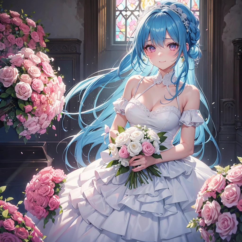 Sky blue hair, (Braided Ponytail),(Pink Eyes),Fair skin ,(whole body),(One girl),bride,A happy smile,Eyes moist with tears,Straight bangs, 6月のbride,Wedding dress,(masterpiece, Highest quality, Very detailed, Best Shadow), (Detailed Background), (Beautifully detailed face), High Contrast, (Best lighting, Very delicate and beautiful), ((Cinematic Light)), colorful, Hyper Detail, Dramatic Light, Intricate details,Chapel,Bouquet of roses