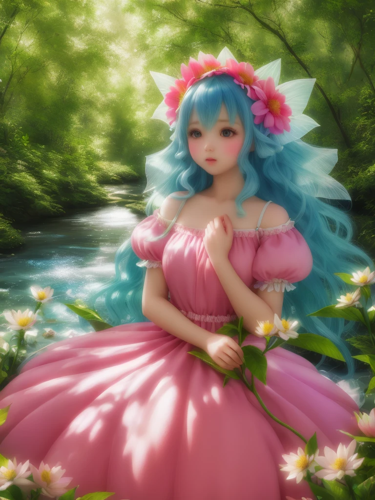 girl in a forest with floating flowers, river, puffy, puffy cheeks, cute,Fairy Flowerdress pinkhair
vibrant colors, colorful art style,  pinkdress
soft lighting, soft shadows, detailed textures, dynamic lighting,  
nice hands, perfect hands, 
Ultra-realistic depiction, super resolution, rainbow hair, long hair, fairy, flower