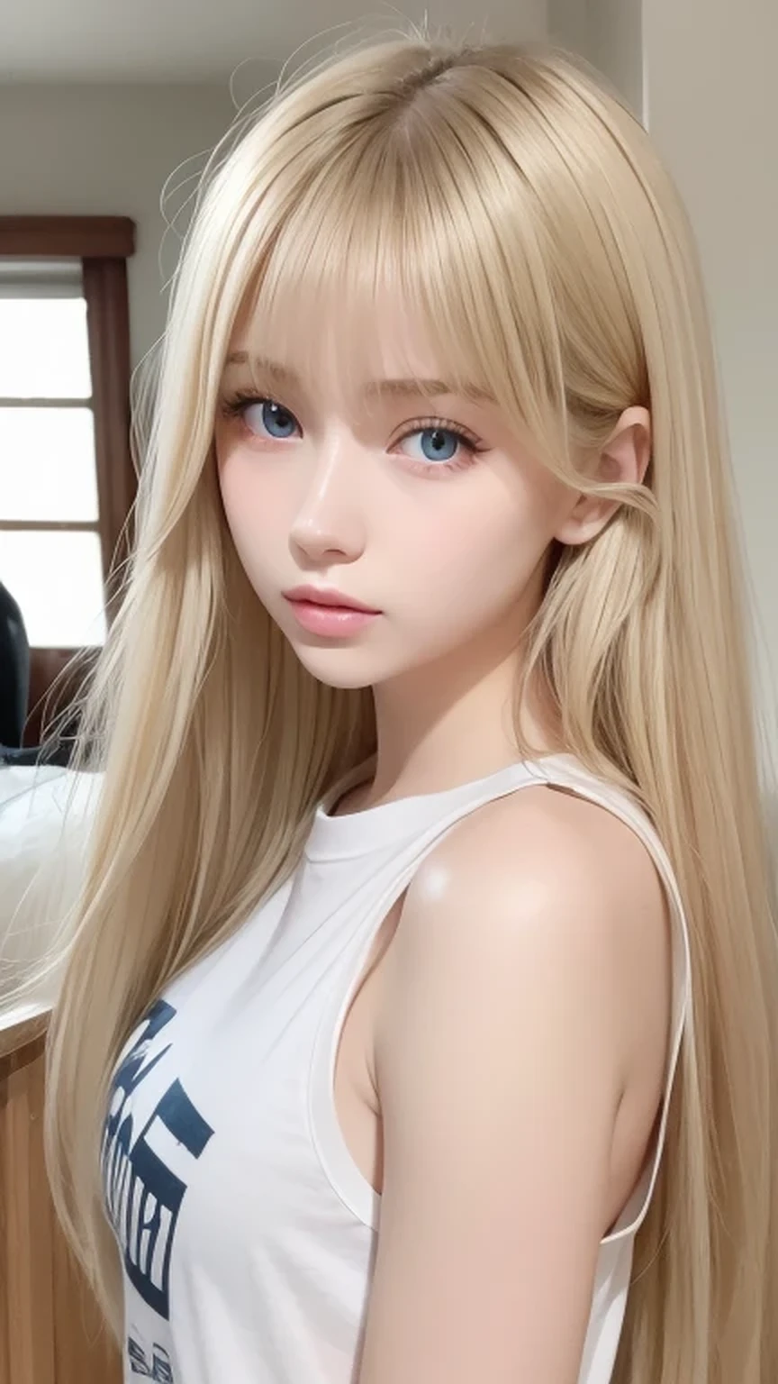 Super long straight silky blonde hair、Bangs hanging over the eyes、bangs on the face、A woman with beautiful, bright, large blue eyes is taking a photo, gorgeous young beautiful model, Portrait of Sophie Mudd, Beautiful female model, cute young beautiful girl, Portrait of a beautiful model, Beautiful Woman Photos, Perfect Face, 16 year old beautiful girl model, Beautiful young face, Blonde beautiful girl、Small Face Beauty、Round face、Tshirt、Ample Bust