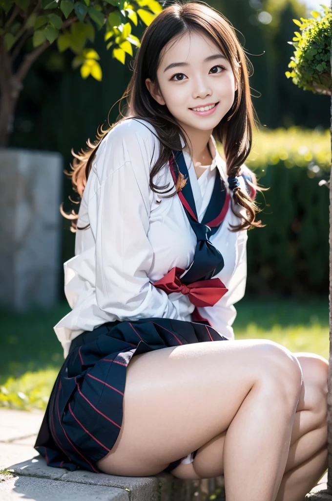 Pure Japanese school girl, no makeup, thick eyebrows, wearing uniforms, natural hair styles, pure smile, natural body, shiny white skin, refreshing in early summer morning sunlight, feeling soft breeze in hair, sitting and relaxing, little bit sexy mood, sexual attractive, panty, professional portrait photography,