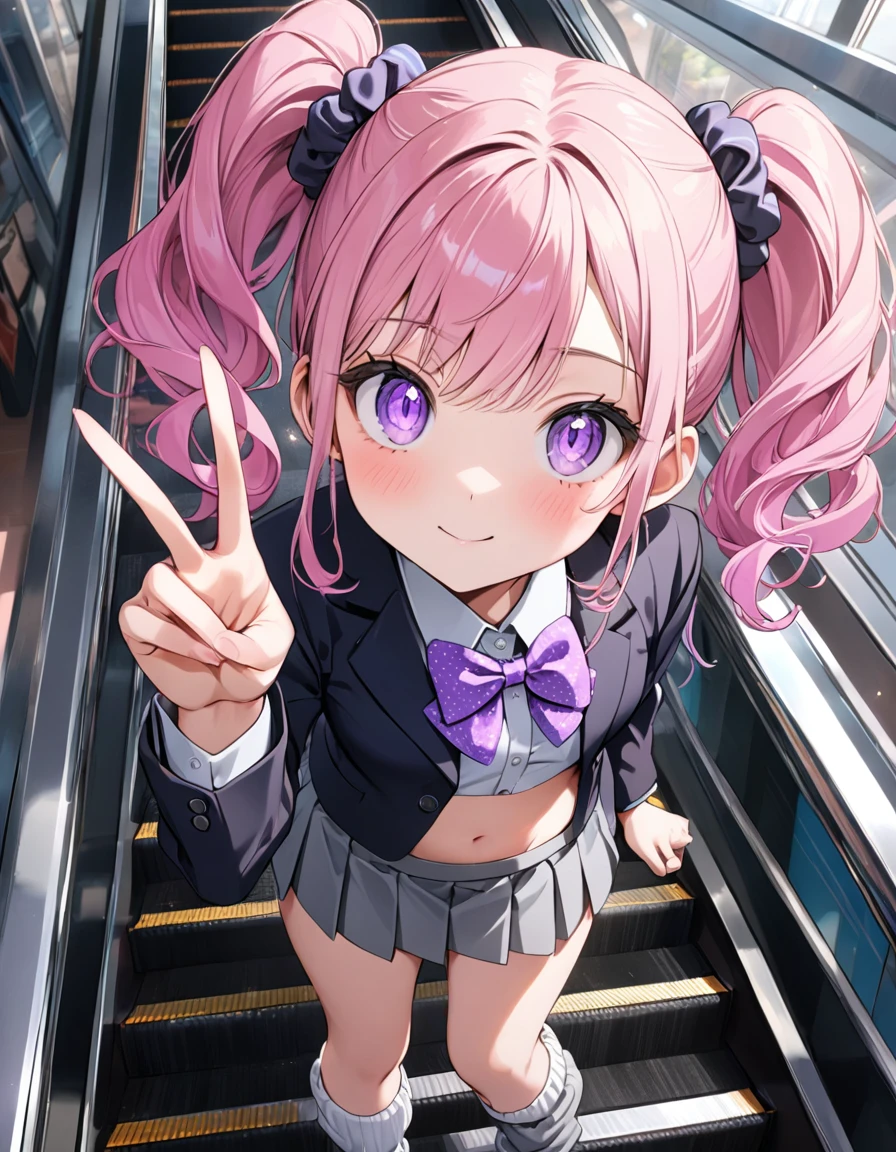 (8K, best quality, master piece: 1.2), super high resolution,1 girl,16yo,solo,1ultra-detailed face,detailed eyes,perfect hands, perfect fingers,sparkling pupils,Mascara,Bubblegum Pink hair,natural wave hair,twintails,amethyst Eyes,(scrunchie,blazer,Short pleated skirt),(gray:1.5),navel,polka-dot pattern bow tie,smaile,medium breasts,((loose socks)),(making a peace sign),リムライト,standing on a down escalator,Look at Viewer