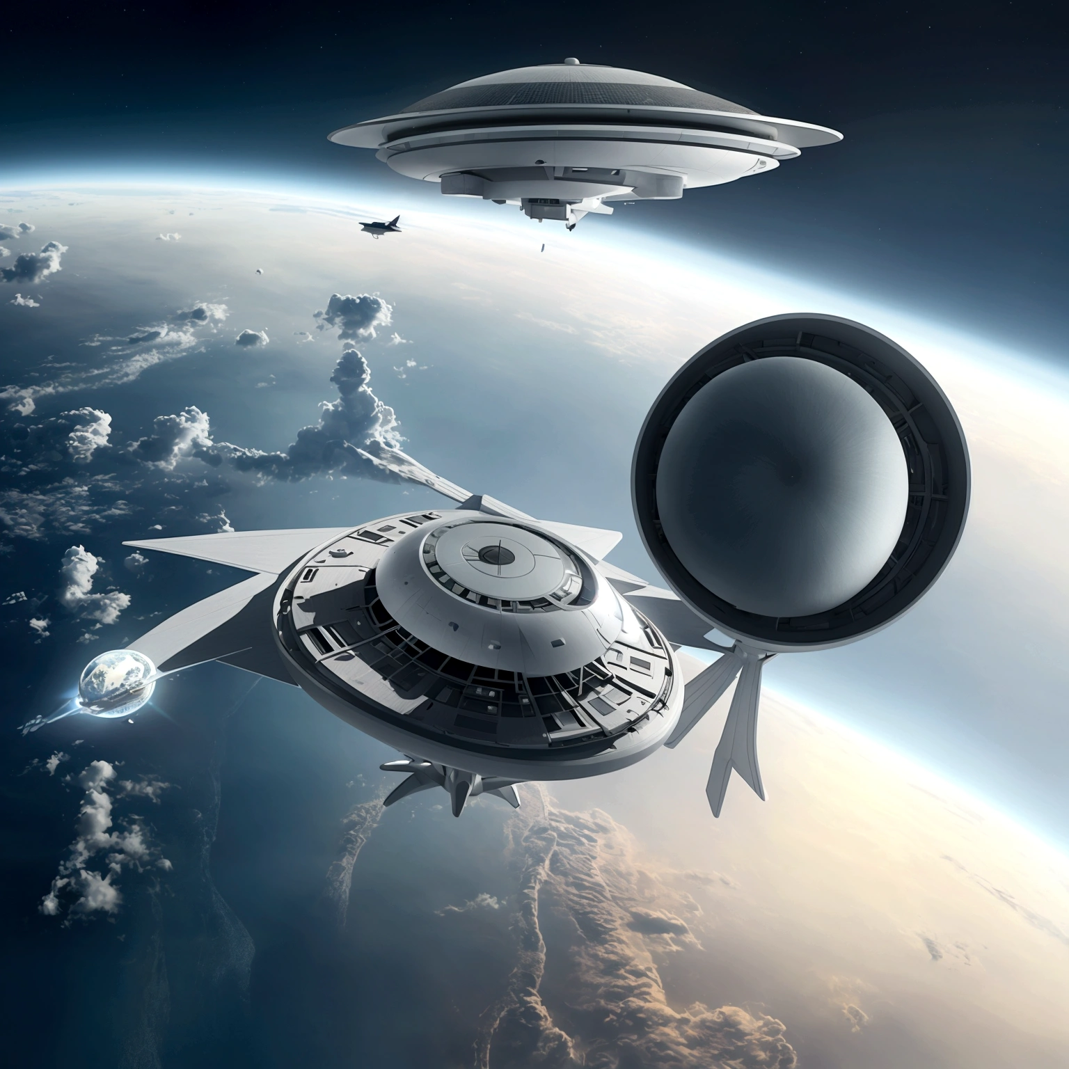 Uma space ship voando sobre uma grande cidade. Alien spacecraft arriving to Earth,  science fiction illustration, science fiction detailed art, In the sky, space ship, naves espaciais In the sky ensolarado.