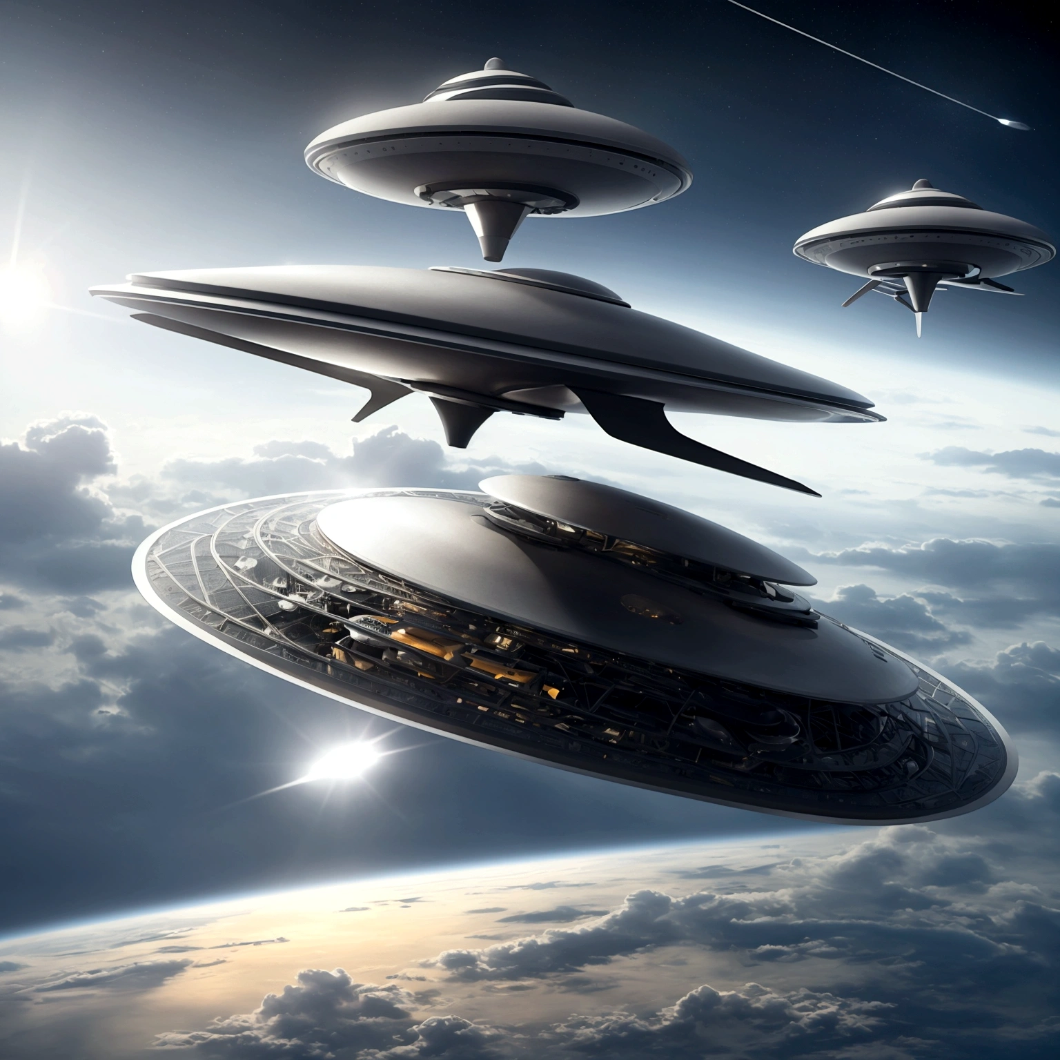 Uma space ship voando sobre uma grande cidade. Alien spacecraft arriving to Earth,  science fiction illustration, science fiction detailed art, In the sky, space ship, naves espaciais In the sky ensolarado.