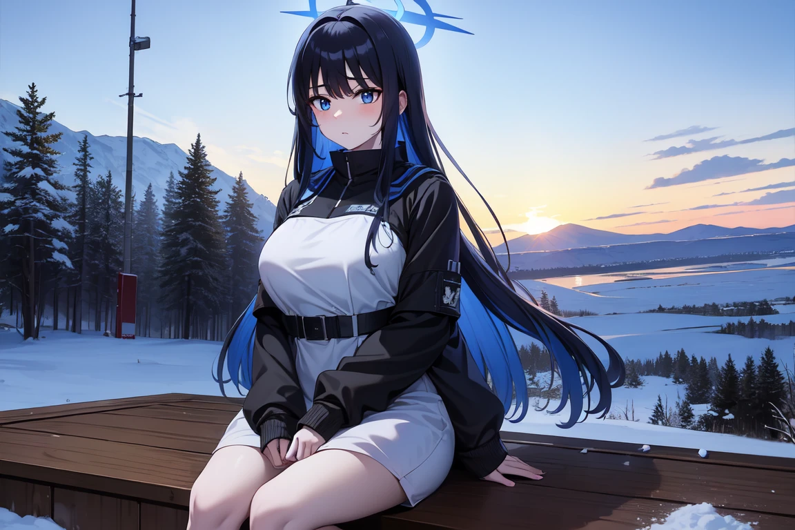 1girl,solo, saorijoumae, saori joumae, blue eyes, blue hair, halo, long hair, black clothes red parts, tall, teenager, sitting on steel boxes, snowy plains, campfire, snow