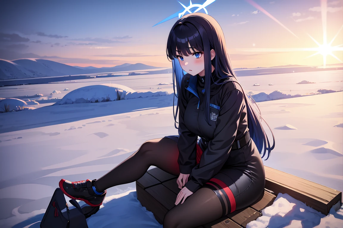 1girl,solo, saorijoumae, saori joumae, blue eyes, blue hair, halo, long hair, black clothes red parts, tall, teenager, sitting on steel boxes, snowy plains, campfire, snow