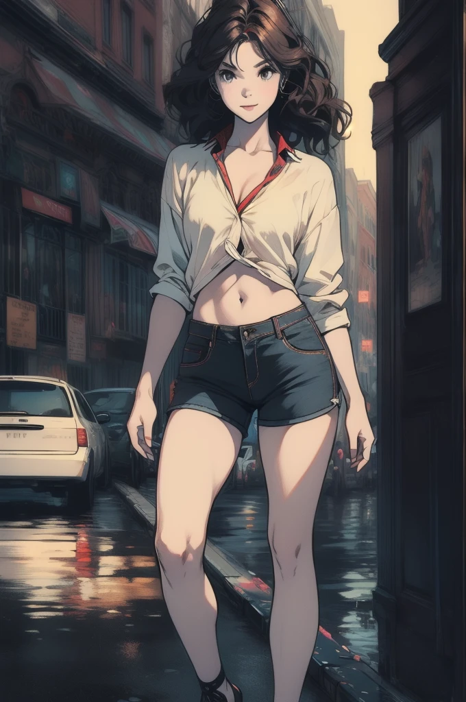 ((Center of chest, Tomboy, Small Head)), Dawn, sunlight, (Defined Abs: 1.1), (Perfect body: 1.1), (Short Wavy Hair: 1.2), Auburn Hair, Full body photo, Crowded street, Wearing a white vest, ((Shorts)), (Highly detailed CG 8K wallpaper), (Very delicate and beautiful), (masterpiece), (Highest quality: 1.0), (ultra-High resolution: 1.0), Beautiful lighting, Perfect Lightning, Realistic Shadows, [High resolution], Delicate skin, Super detailed, Cute Smile