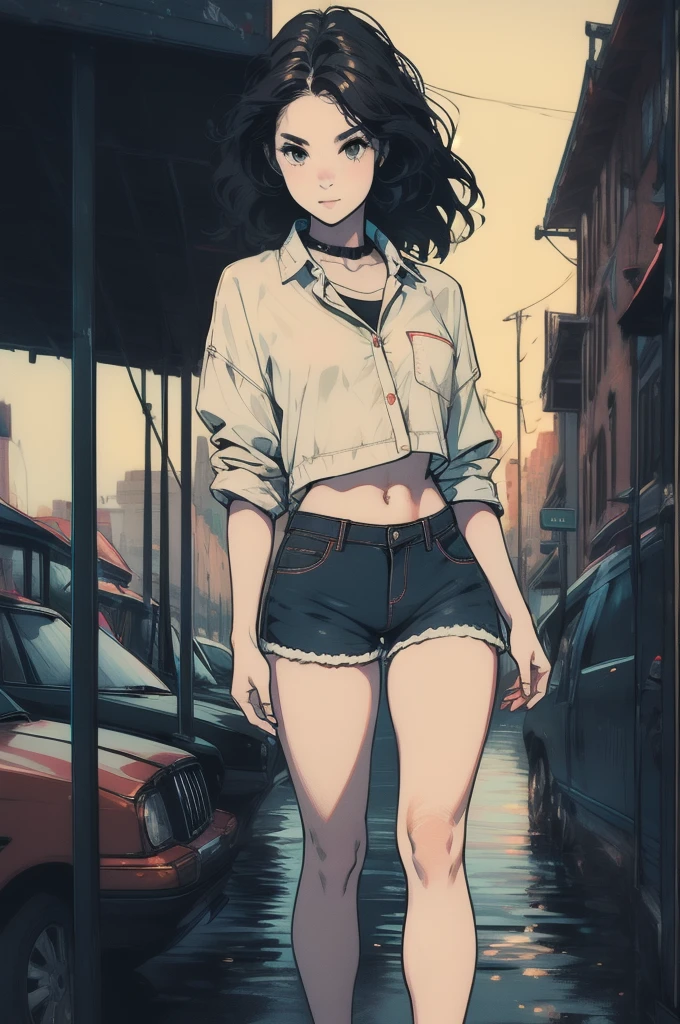 ((Center of chest, Tomboy, Small Head)), Dawn, sunlight, (Defined Abs: 1.1), (Perfect body: 1.1), (Short Wavy Hair: 1.2), Auburn Hair, Full body photo, Crowded street, Wearing a white vest, ((Shorts)), (Highly detailed CG 8K wallpaper), (Very delicate and beautiful), (masterpiece), (Highest quality: 1.0), (ultra-High resolution: 1.0), Beautiful lighting, Perfect Lightning, Realistic Shadows, [High resolution], Delicate skin, Super detailed, Cute Smile