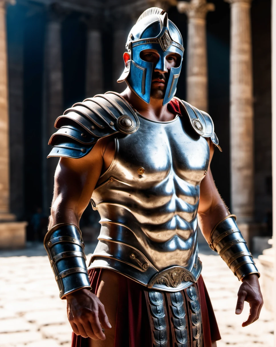 whole body (portraite:0.7) roman gladiator (gladiator mask :1.2) (reflective details, :0.7) , (gladiator costume:1.1), (detailded:1.1), (marvel type:1.1), (stark:1.1), (nome ´ICE FRAMER` On the chest:1.1), cinematic lighting, perfect composition, chic, no crop, 4K, sharp focus, work of art, contra-luz, cinematic, Colosseum, photorrealistic, Blade runner, Action, moody lighting